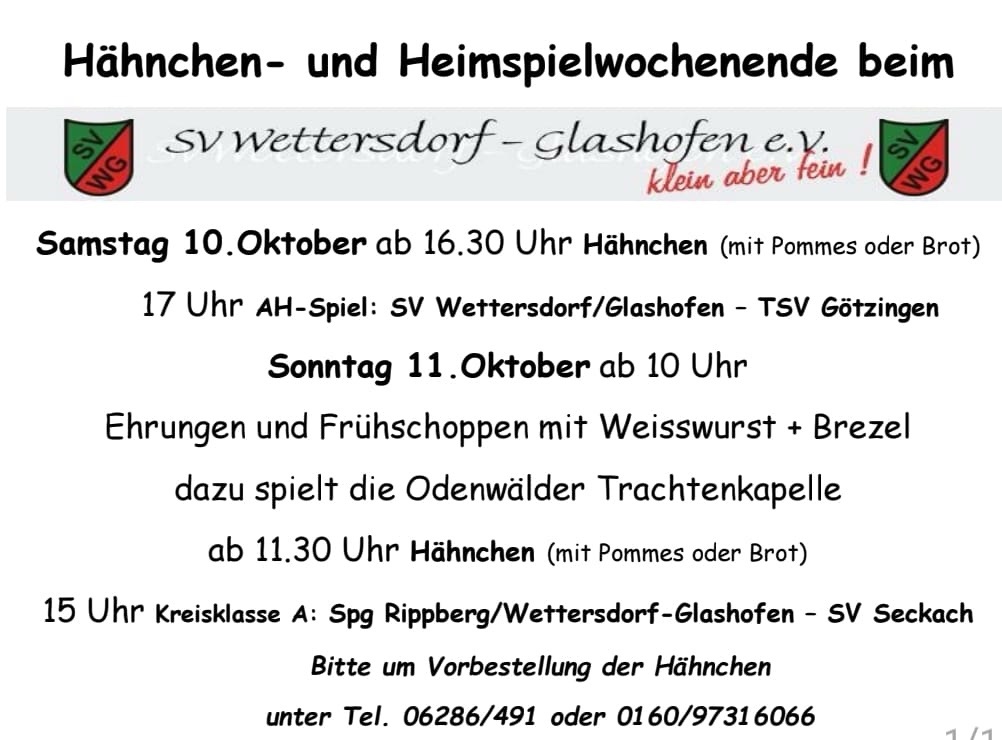 Hähnchen- und Heimspielwochenende beim SV Wettersdorf-Glashofen